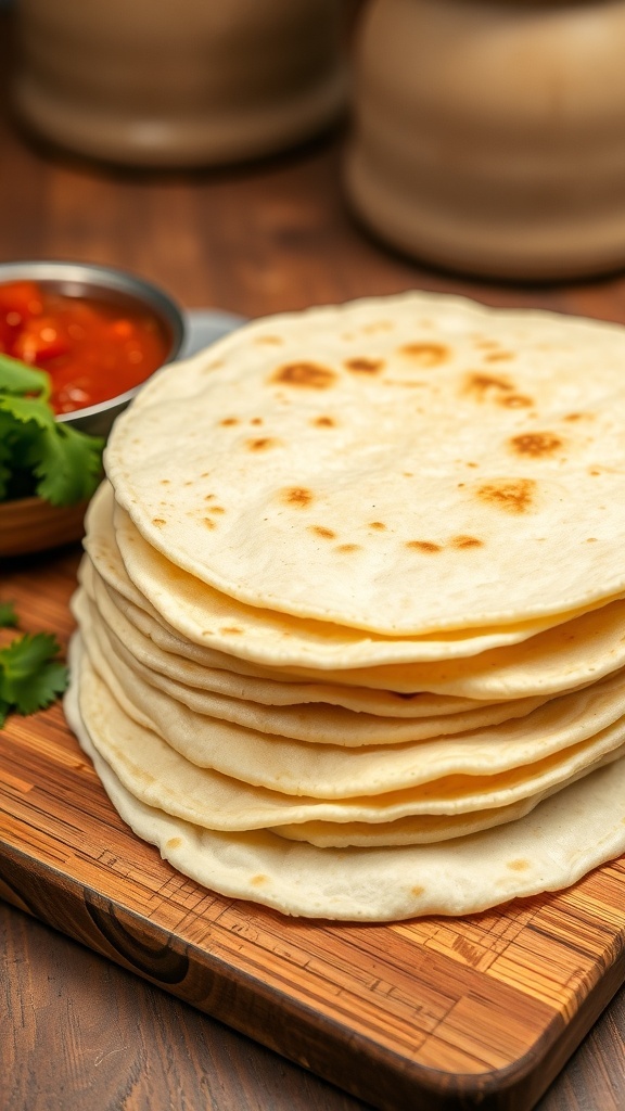 Freshly made flour tortillas stacked on a cutting board with salsa and cilantro.
